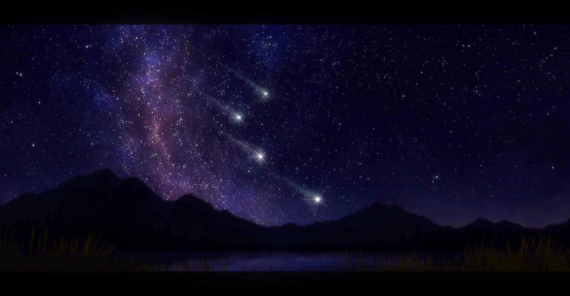 在帶有紫色星系和流星的星空下，黑暗的山脈和湖泊。