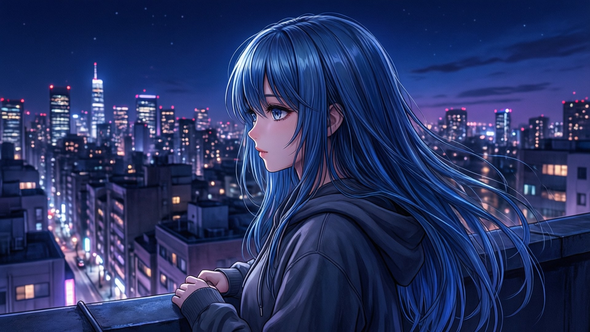 夜景頂樓少女 壁紙 — 一位藍髮動漫女孩在星空下俯瞰發光的城市夜景。