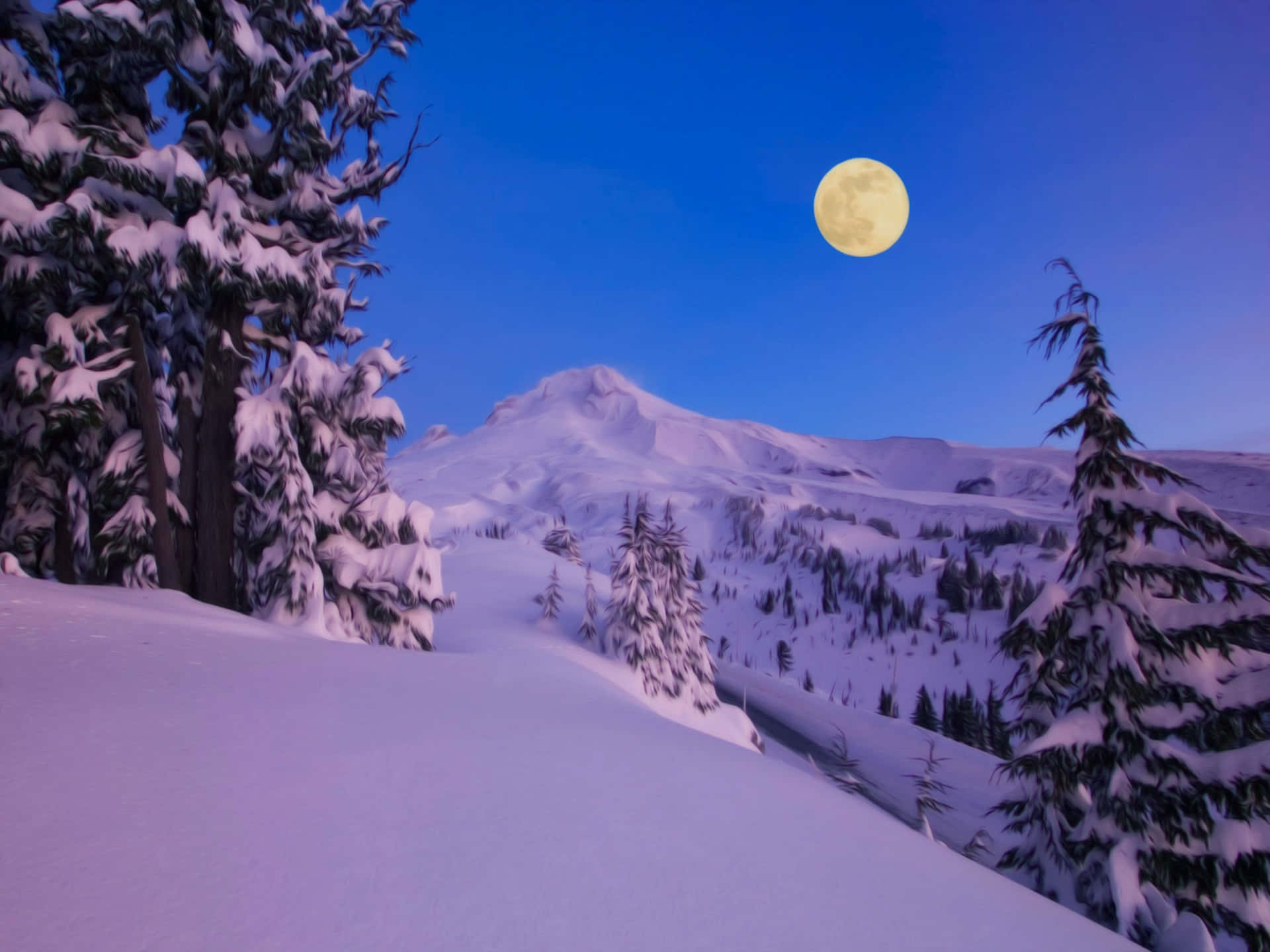 夜月美學圖像 壁紙 — 一輪滿月在深藍色暮色天空下照耀著積雪的松樹和遠山。