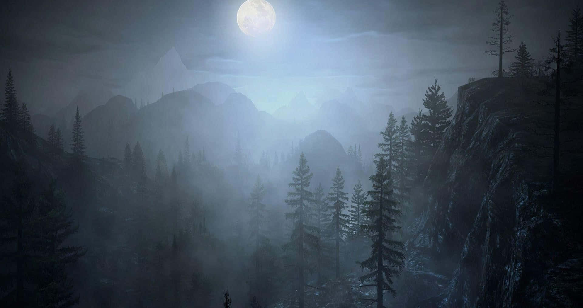 夜晚月光下的山林籠罩在迷霧中