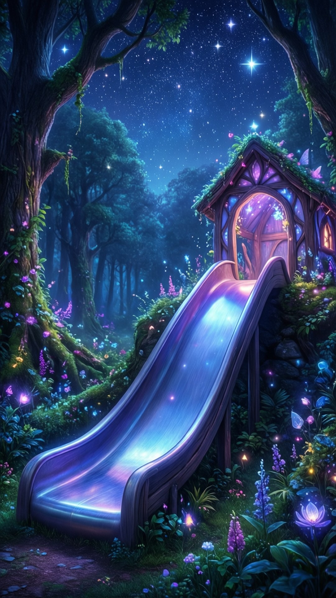 夜林神祕發光滑梯 壁紙 — 一條發光的紫色滑梯從星光照耀的魔法森林中的仙女屋蜿蜒而下。