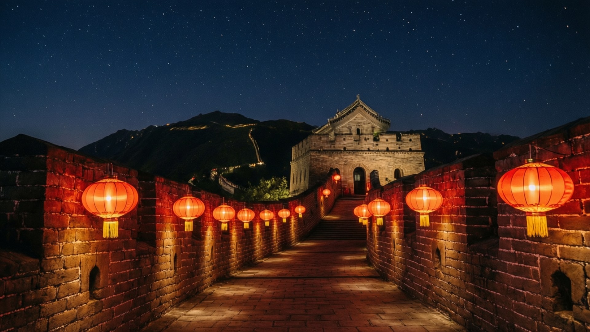 夜牆燈籠 壁紙 — 夜晚的古老長城在星空下被發光的紅燈籠照亮。