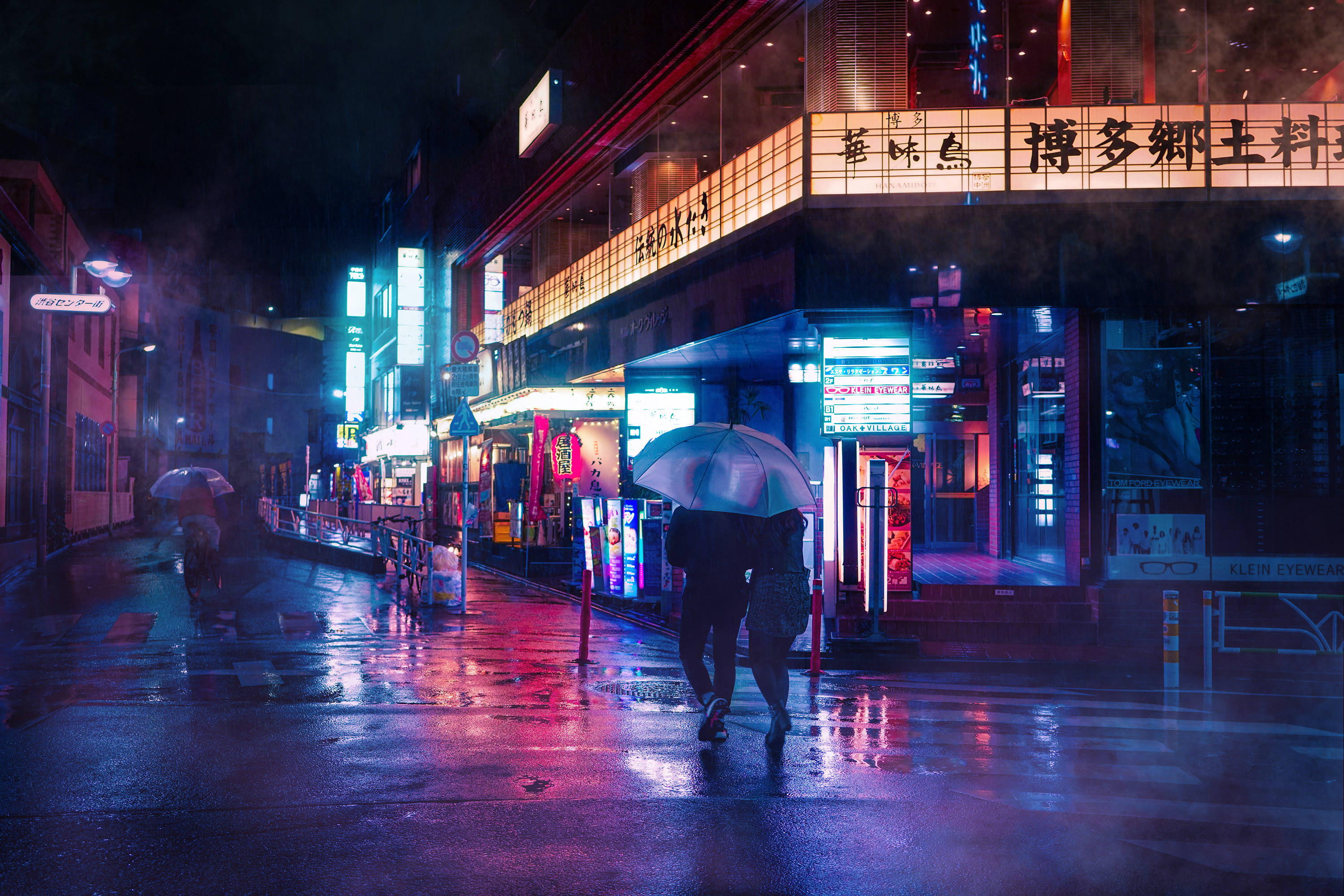 夜生活愛情故事 壁紙 — 一個雨夜，在霓虹燈照亮的日本城市街道上，有兩個人在傘下行走。