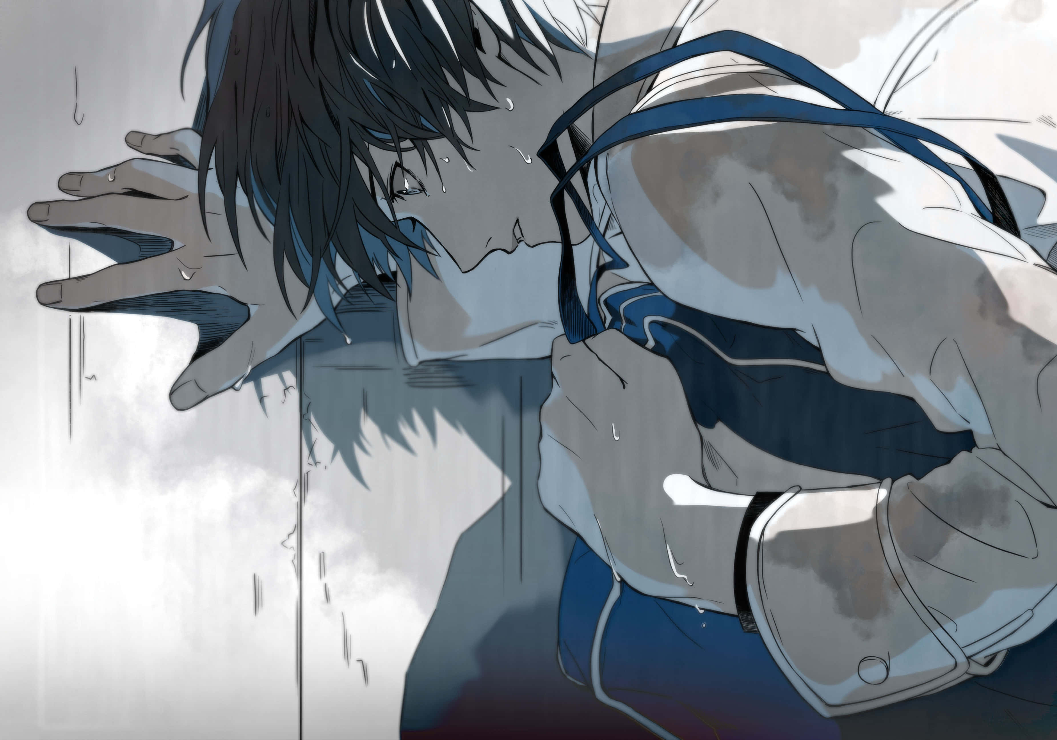 夜神月 - 《死亡筆記本》幕後操縱者 壁紙 — 一個苦惱的動漫男孩，深色頭髮，緊抓胸口，身後雨水沿窗流下。