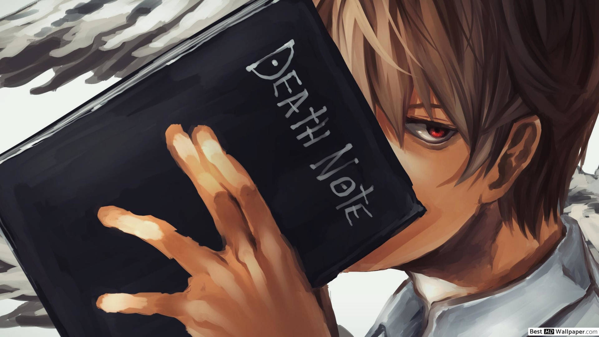 動漫角色手持Death Note筆記本，紅眼睛。