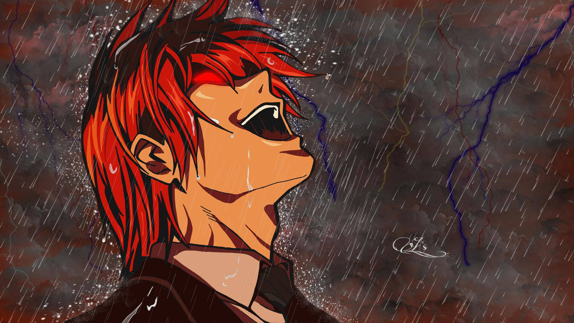紅髮動漫角色在雷電交加的暴風雨中哭泣。