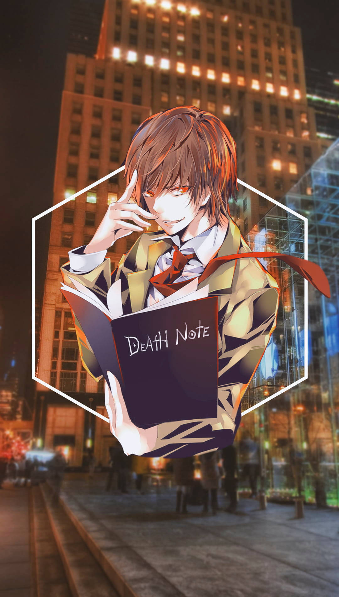 夜神月與城市死亡筆記手機壁紙 壁紙 — 紅眼動漫男孩在發光六邊形中拿著死亡筆記本，背景是夜晚霓虹燈閃爍的城市天際線。