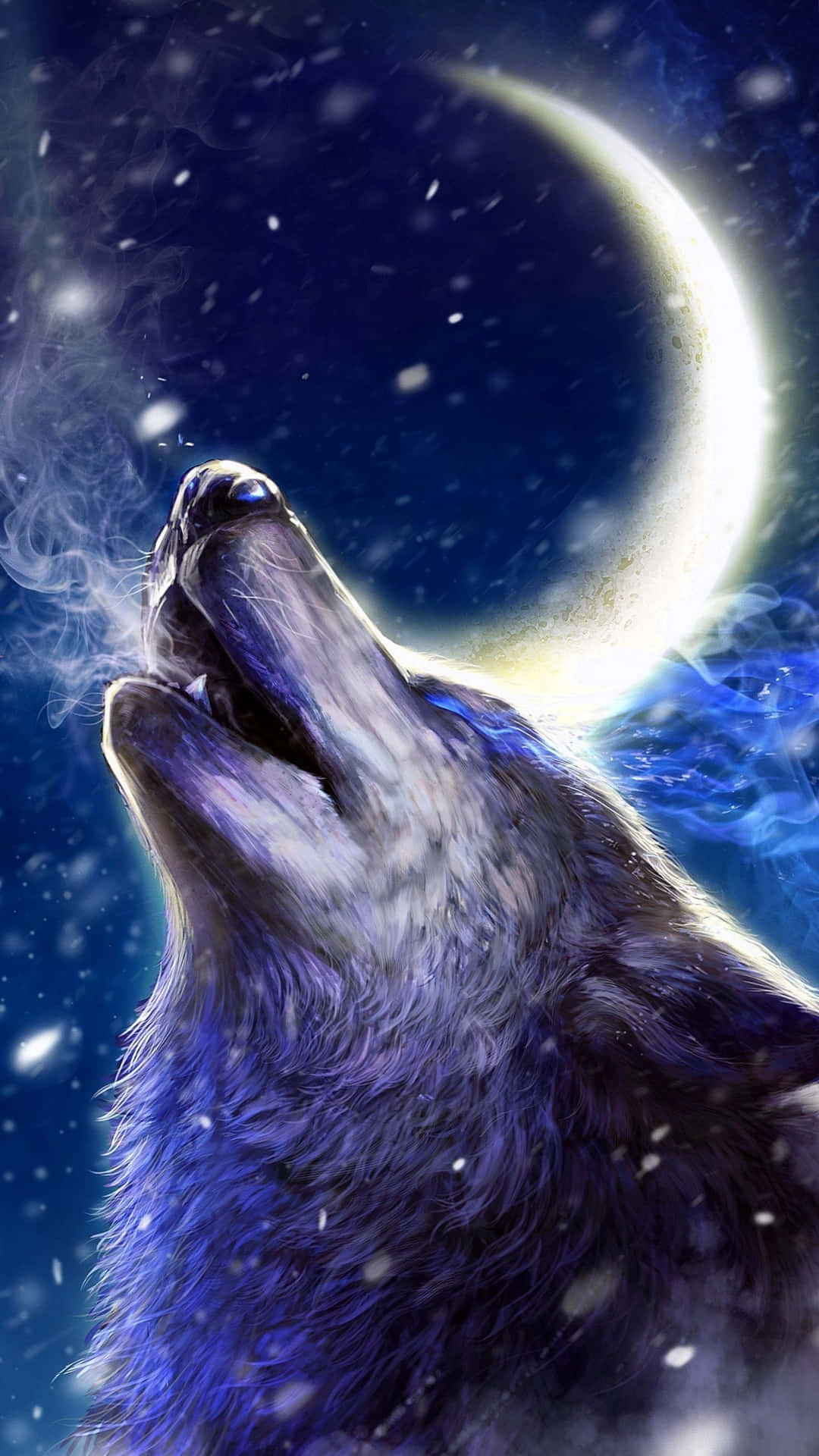 在雪夜天空下，一隻狼在彎月下嚎叫。