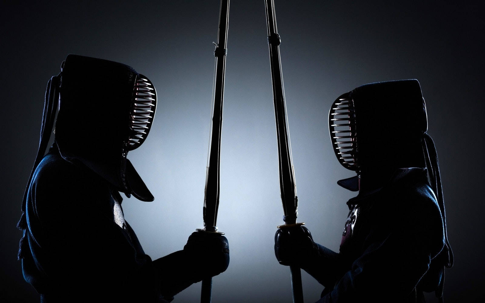 夜空下劍道武士對決 壁紙 — 兩名全副武裝的劍道戰士以剪影姿態站立在漸變背景前，刀刃高舉，形成緊張的對峙。