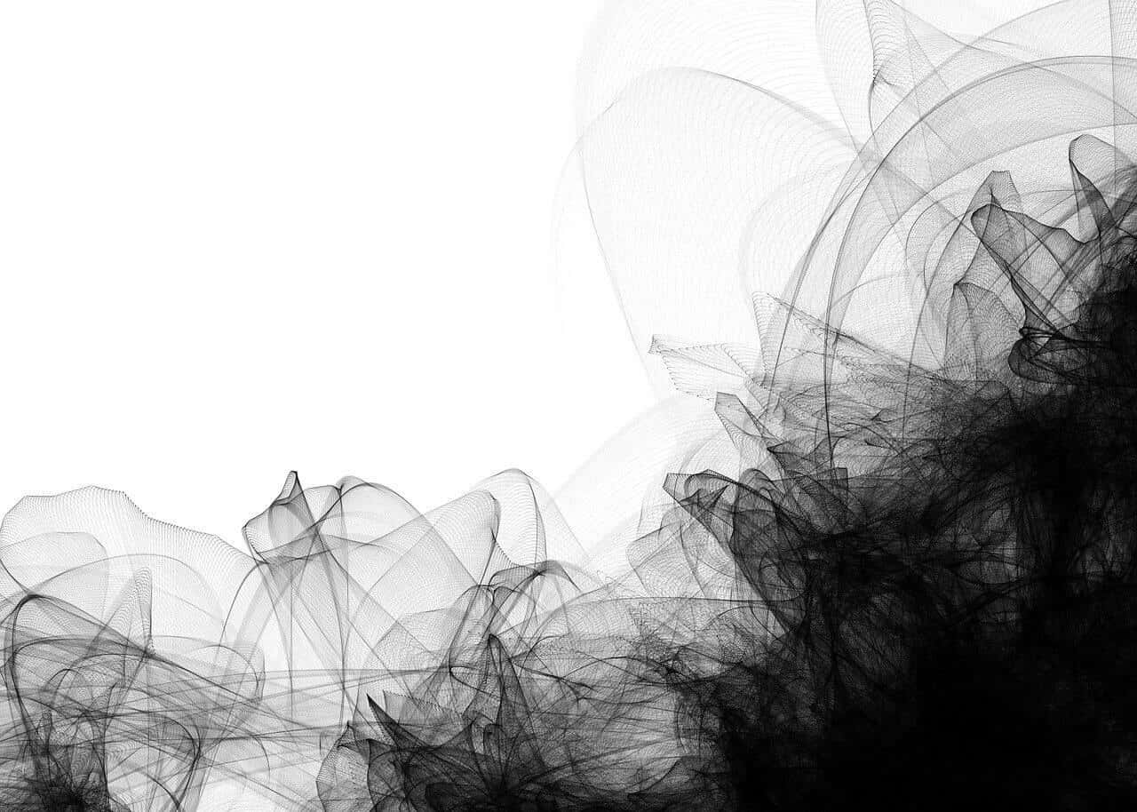 夜空下濃煙翻滾 壁紙 — 抽象的黑白煙霧漩渦在純白色背景上動態流動，營造出極簡空靈的效果。