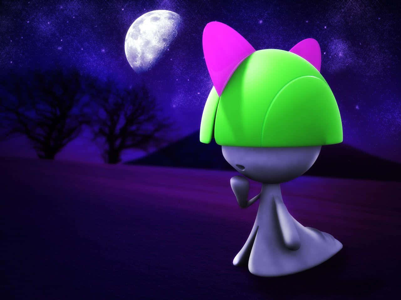 夜空下的3D拉爾茨 壁紙 — 一個發光的綠色貓耳角色獨自站在紫色夜空下，伴隨著新月和光禿的樹木。