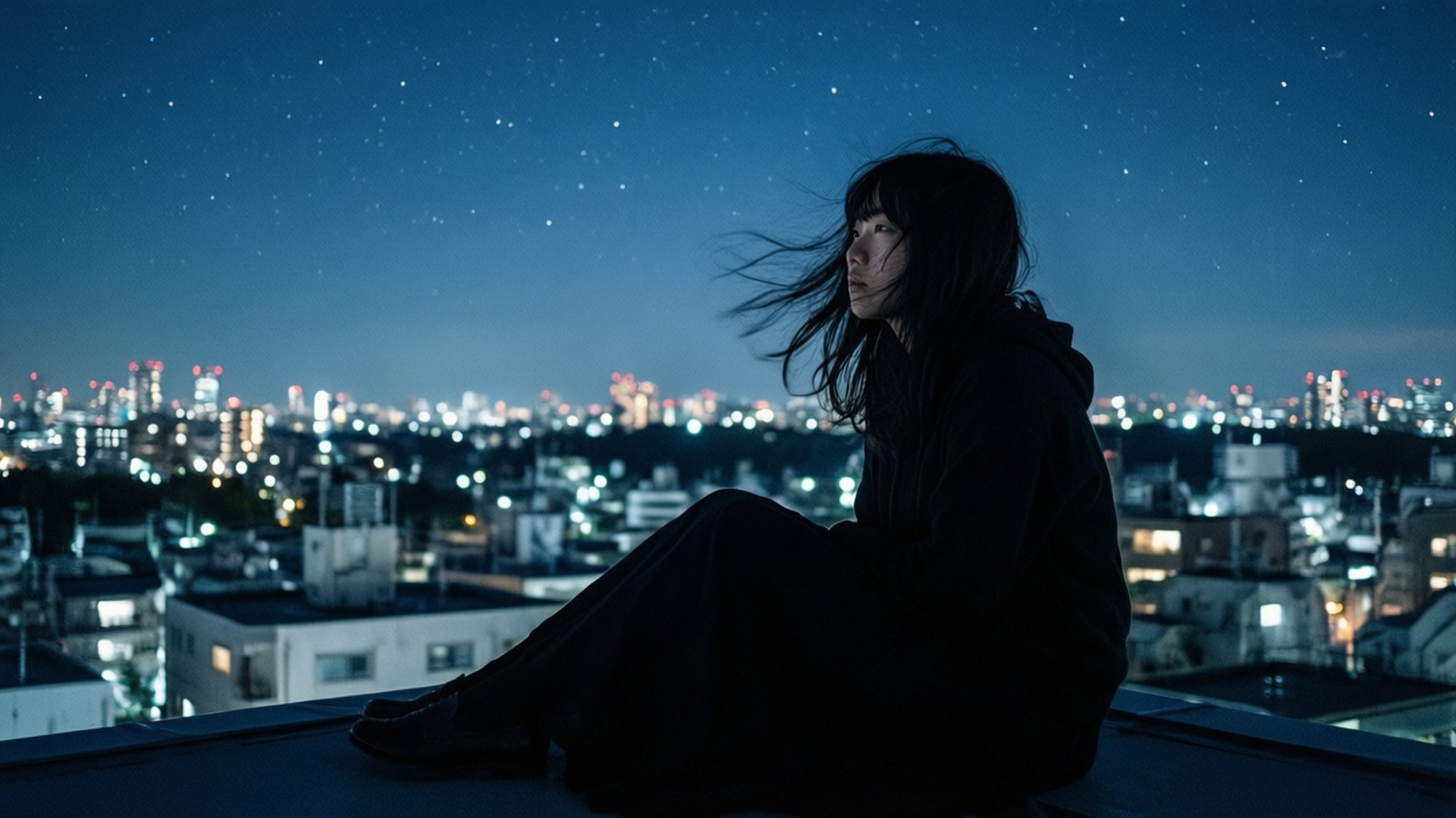 夜空下的鈴木 壁紙 — 夜晚，一個孤獨的女人坐在屋頂上，凝視著發光城市景觀上方的星空。