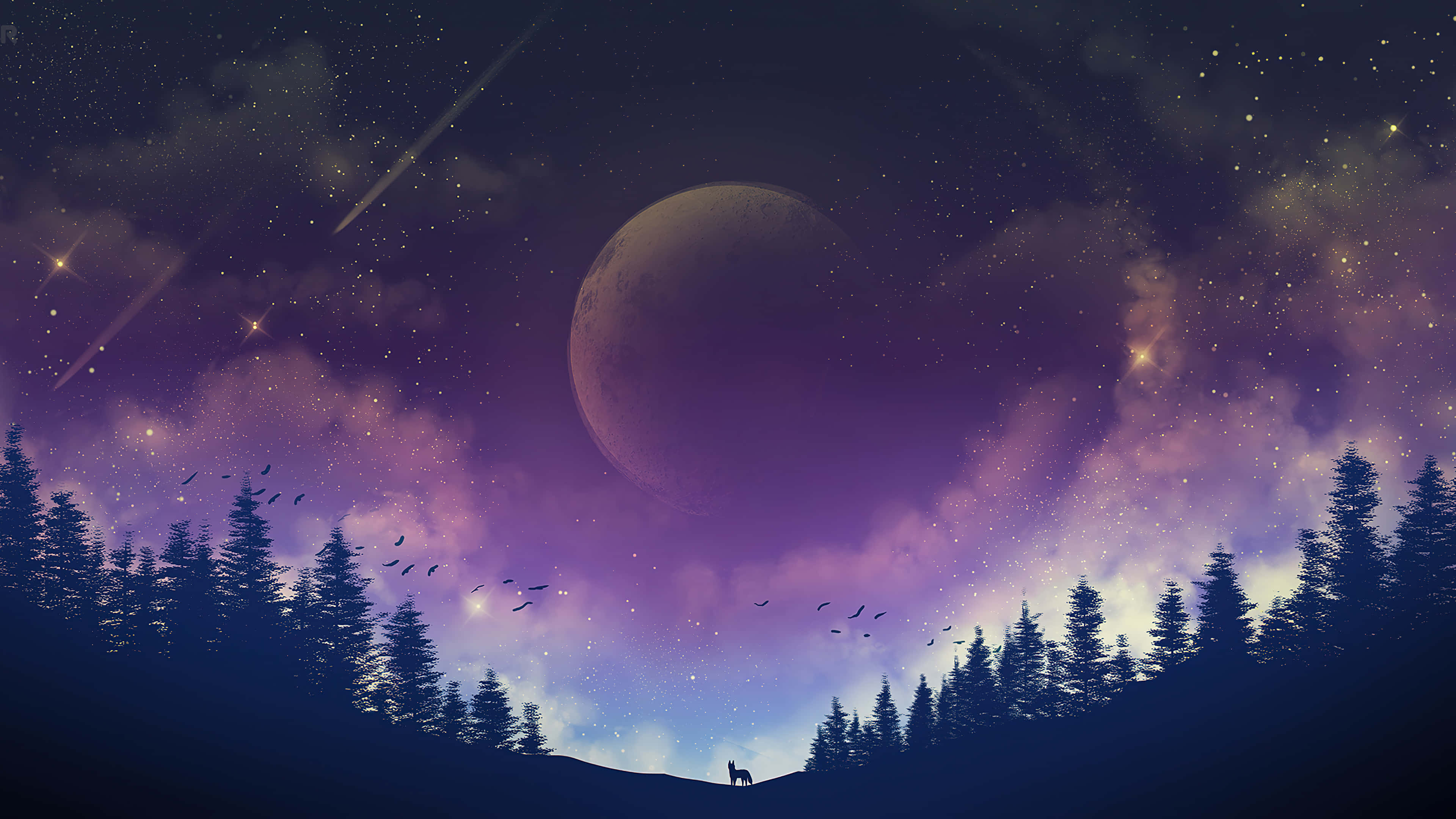 夜空中一瞥美麗的彎月 壁紙 — 一個孤獨的身影站在山丘頂上，在廣闊的紫色星空下，一輪巨大的月亮和流星劃過森林的剪影之上。