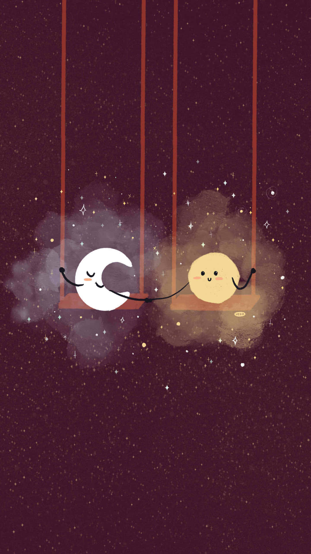 可愛的月亮和太陽在滿天星斗的夜空中一起搖擺。