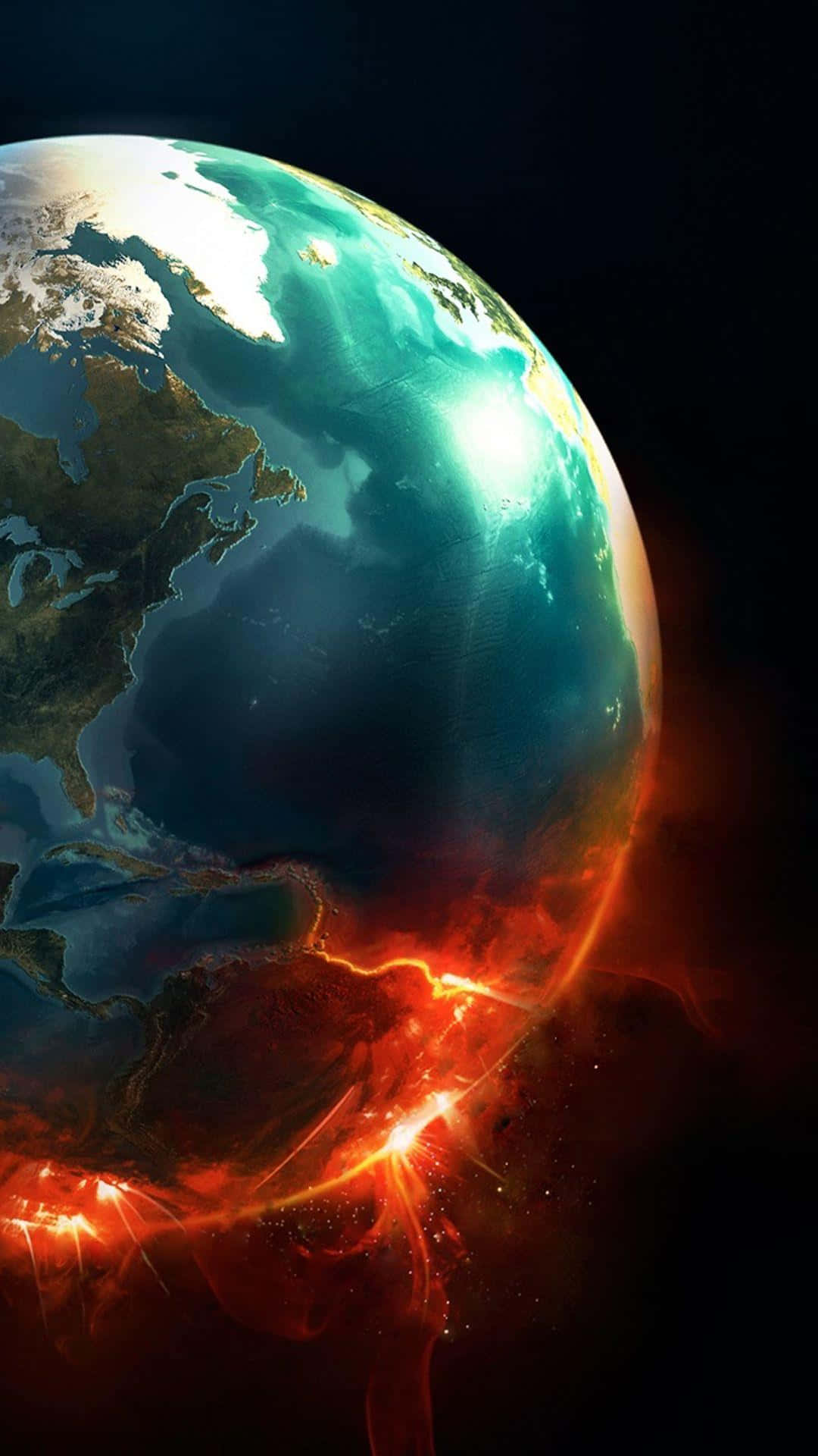 夜空中一顆耀眼的恆星 壁紙 — 一個充滿活力的地球，在其下部曲線上有發光的紅色能量在噼啪作響，背景是黑暗的宇宙。