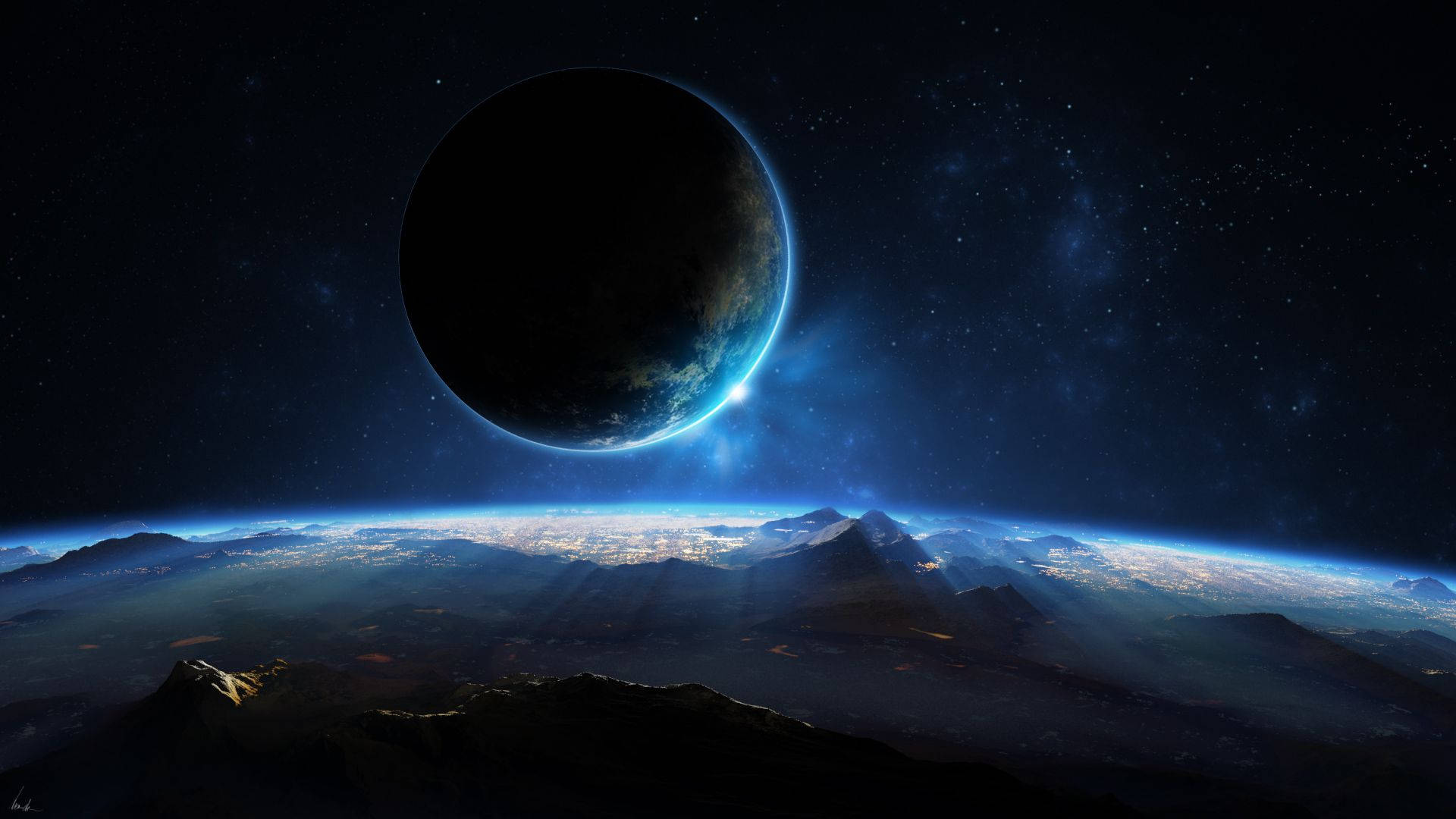 一個黑暗行星懸浮在發光的藍色極光之上，下方是外星山脈，背景是星空。