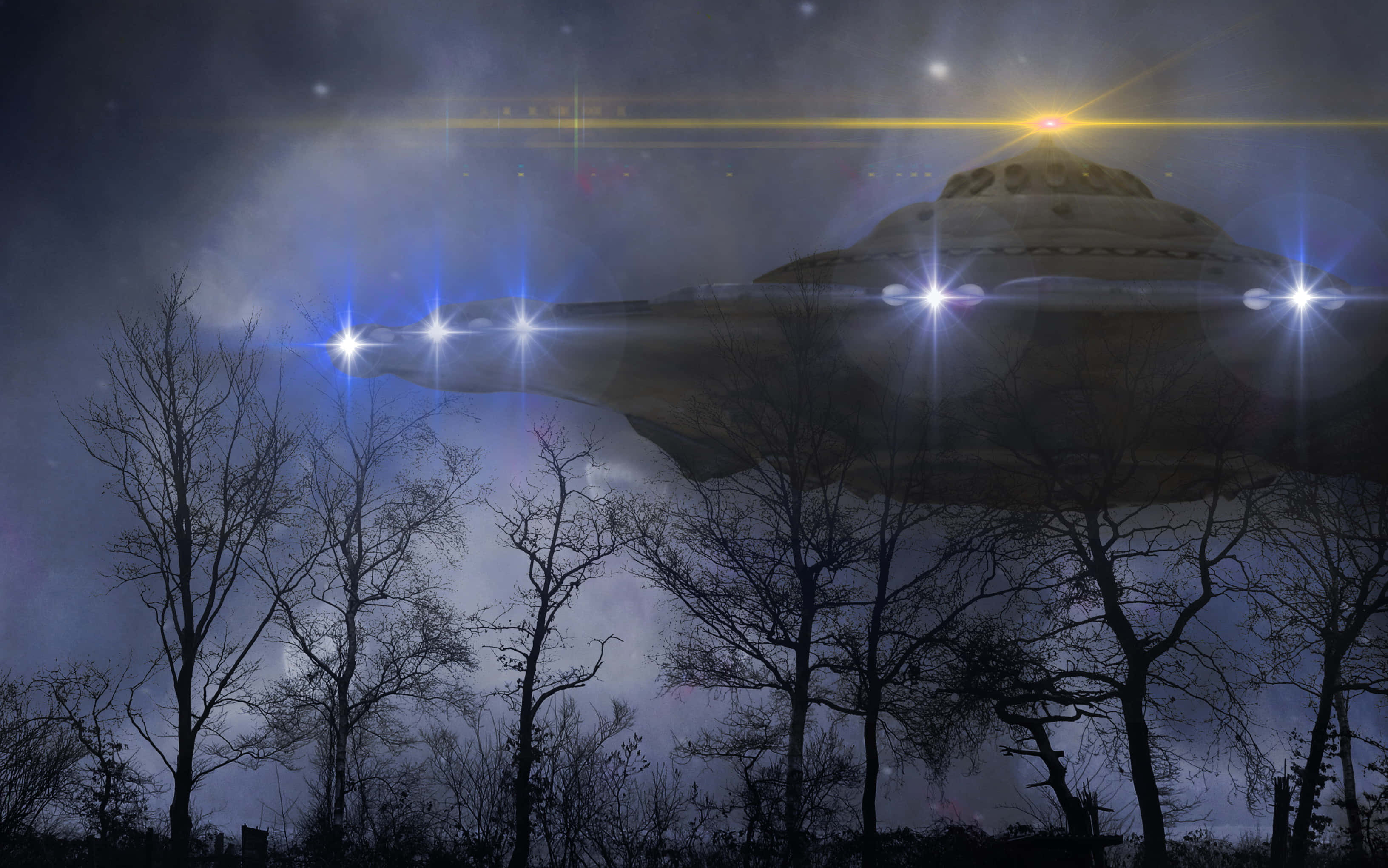 夜空中引人入勝的UFO景象 壁紙 — 一艘發光的UFO在光亮的鏡頭光暈下，懸浮於星空夜空的裸樹之上。