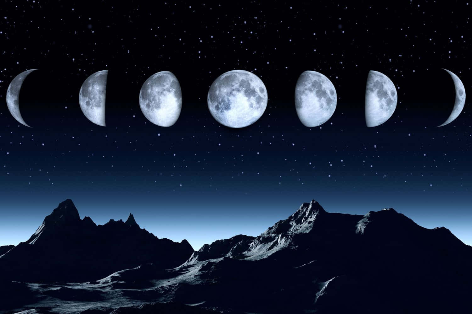 月球相位懸浮在星空之中，夜晚山脈之上。