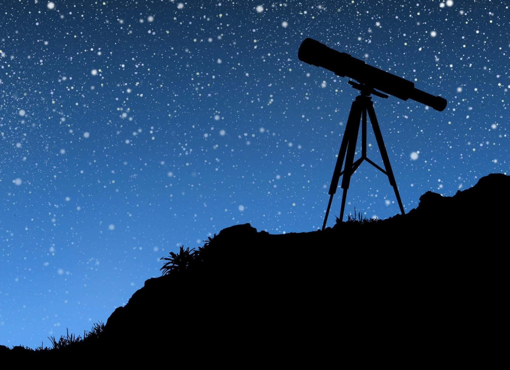 望遠鏡在三腳架上，位於山頂，星空夜空下