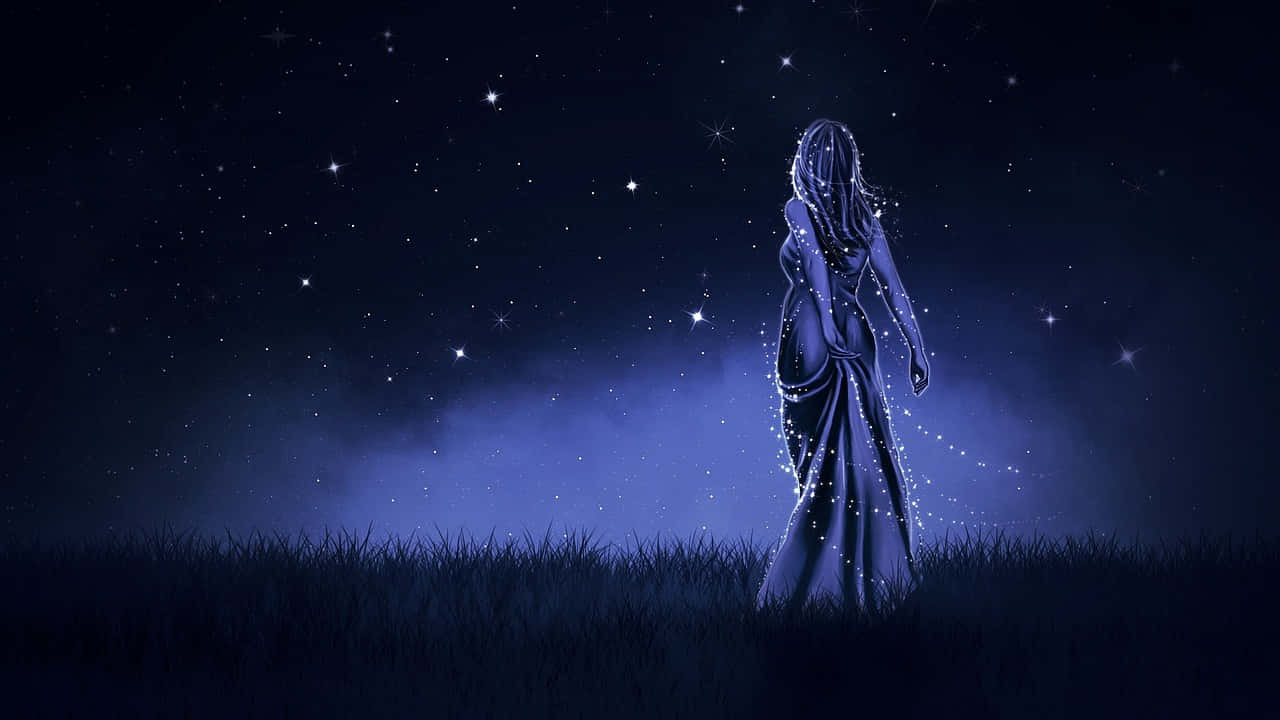 一個穿著發光長裙的女人獨自站在星空下。