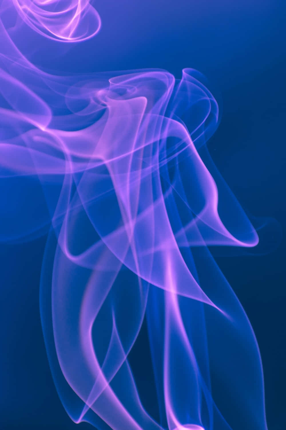 夜空中的霓虹粉紫煙霧爆炸 壁紙 — 空靈的紫色煙霧在深藍色漸變背景上優雅地旋轉。