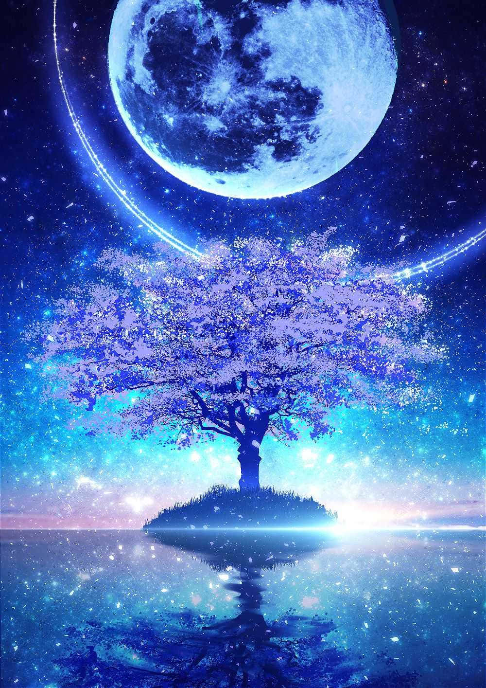 在巨大月亮下，島上發光的櫻花樹，水面倒映著星空。