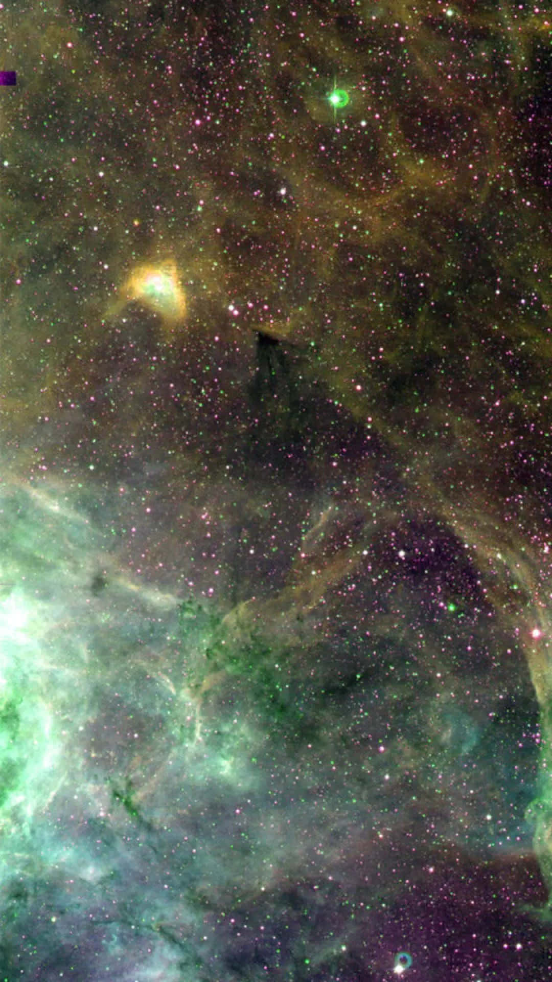 一個色彩繽紛的星雲，其中有星星和一個黑暗的剪影。