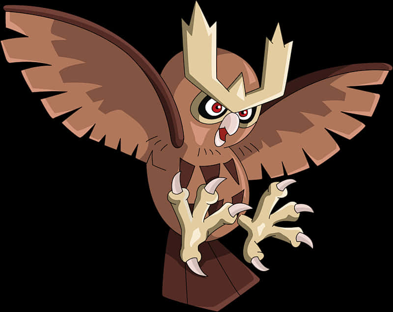 夜空中翱翔的優雅 Noctowl 壁紙 — 一隻兇猛的卡通貓頭鷹，有著大大的紅色眼睛和展開的翅膀，準備在黑色背景上攻擊。