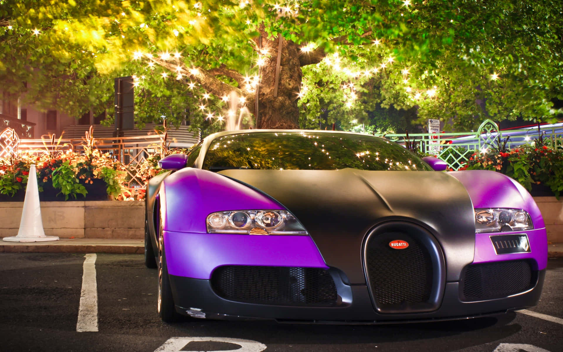 紫色和黑色的Bugatti Veyron夜間停在燈光樹下。