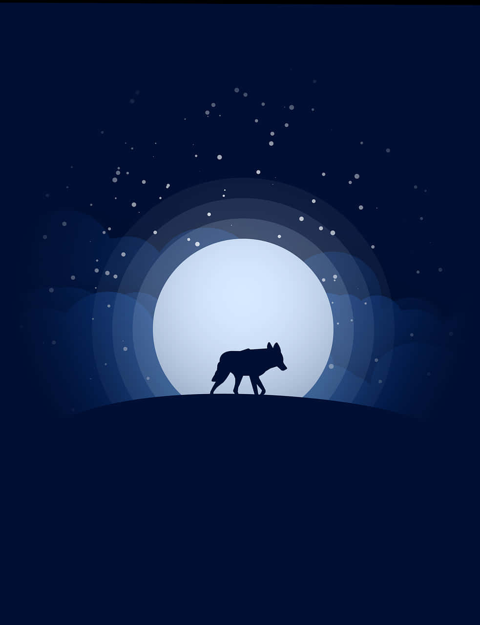 一隻狼在夜間滿月下的山丘上行走，上方有星星。