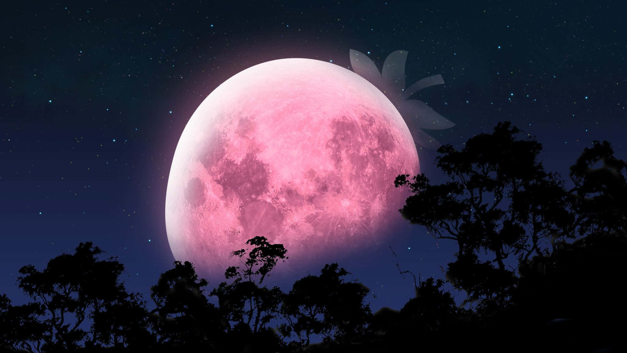 夜空中迷人的粉紅月亮 壁紙 — 一輪巨大的粉紅月亮在黑暗的樹影上升起，襯托著滿天繁星的夜空，上方有一個發光的花朵形狀。