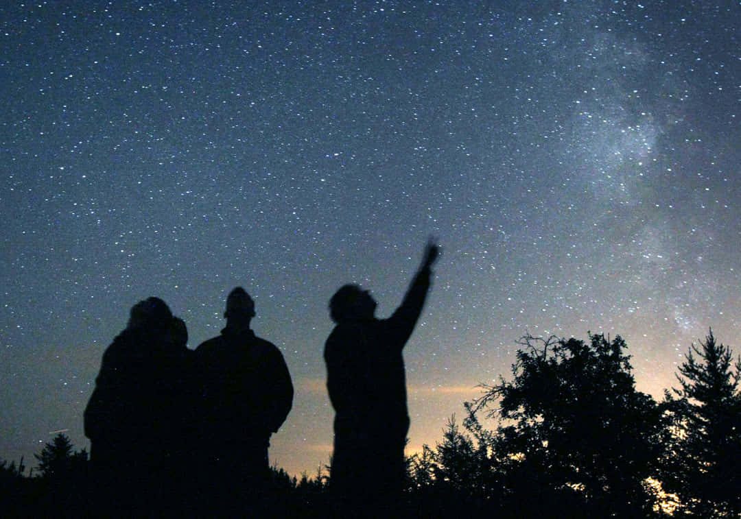 夜空中閃爍的星辰 壁紙 — 三個剪影人物仰望令人嘆為觀止的星空，銀河在樹線上方閃耀。