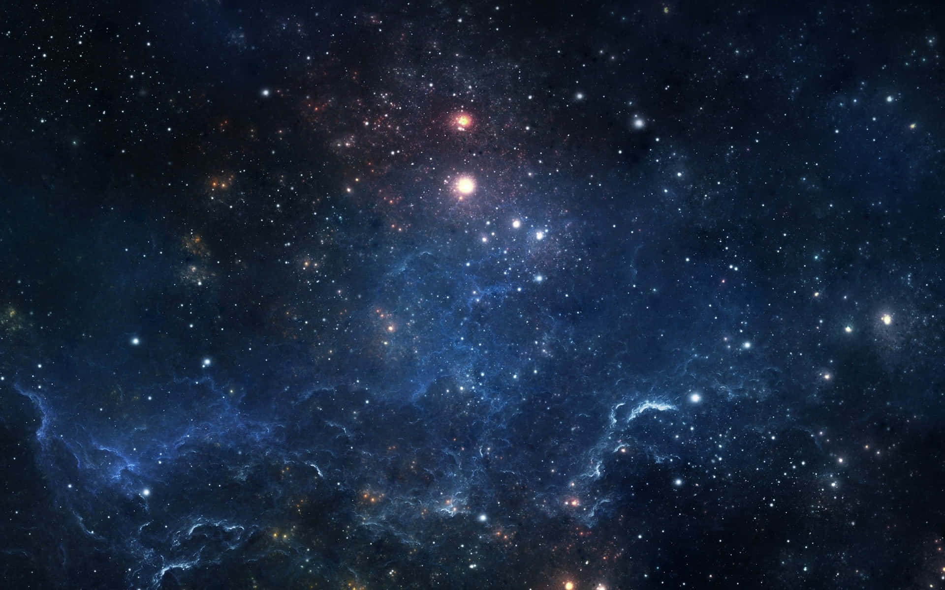 一個充滿活力的宇宙星雲，帶有藍色和橙色的雲層以及無數的星星。