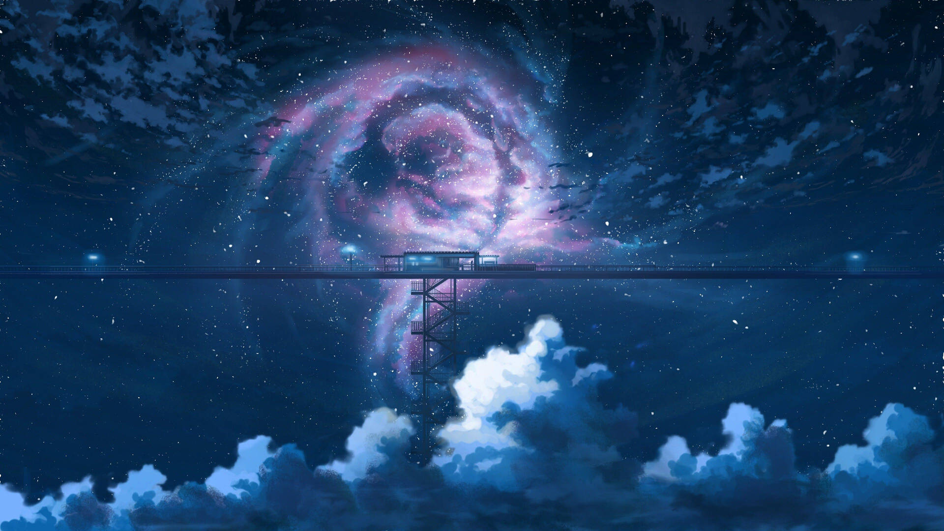 一道碼頭在繁星點點的夜空中延伸過雲層，朝向一個發光的螺旋星系。