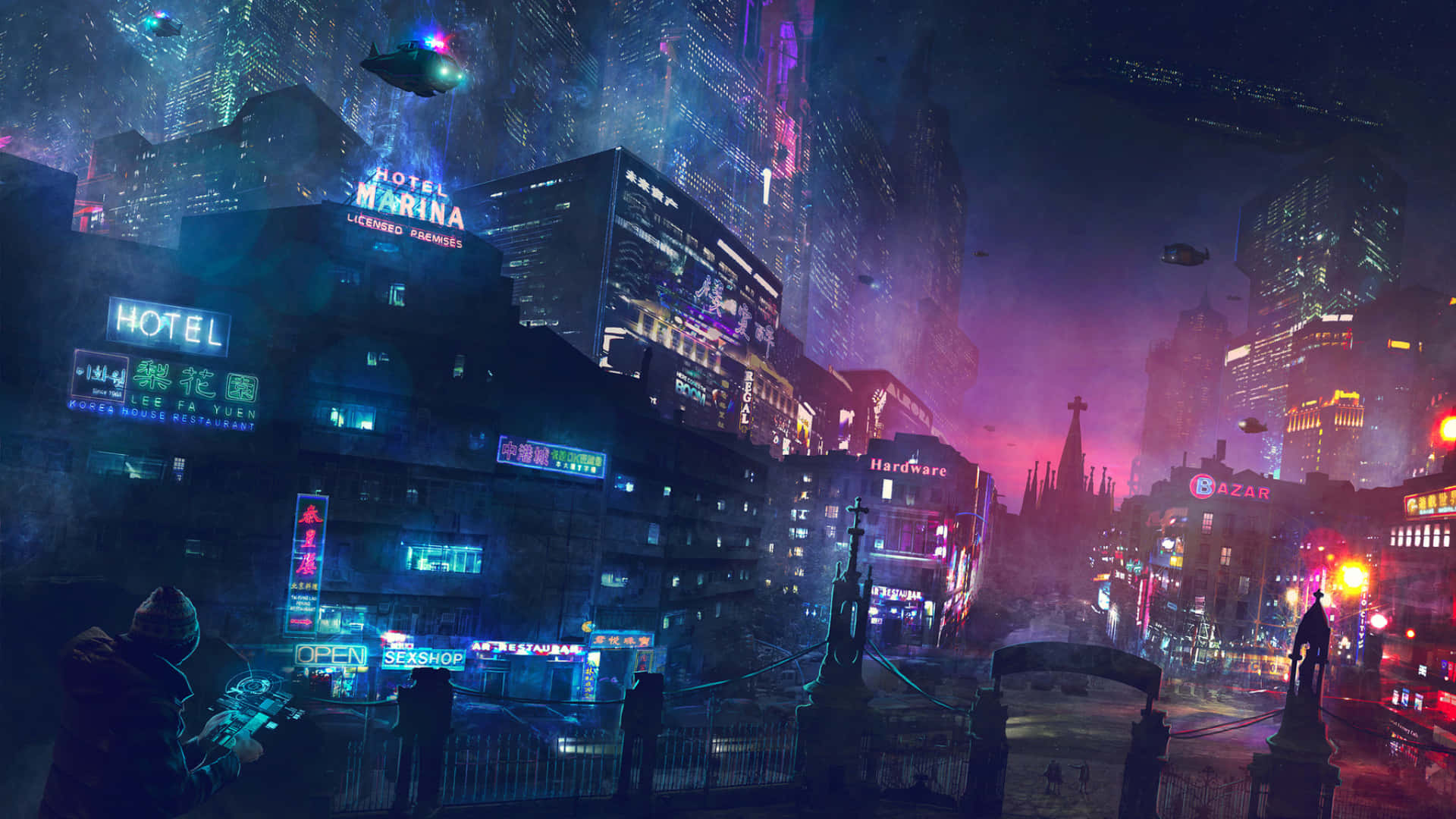 夜空中閃耀的繁星 壁紙 — 一個充滿霓虹燈的賽博龐克城市夜景，飛行車輛和發光招牌倒映在濕漉漉的街道上。