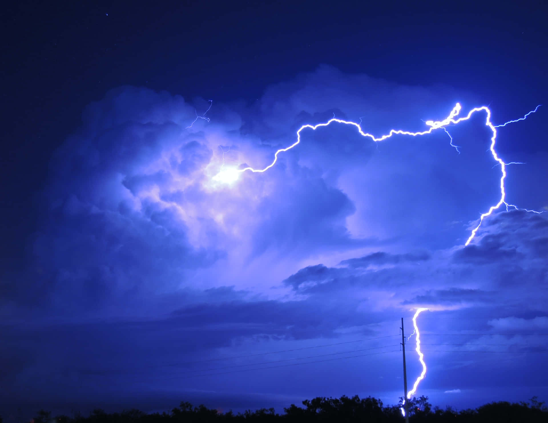 強烈的閃電照亮了黑暗樹木上方暴風雨的夜空。
