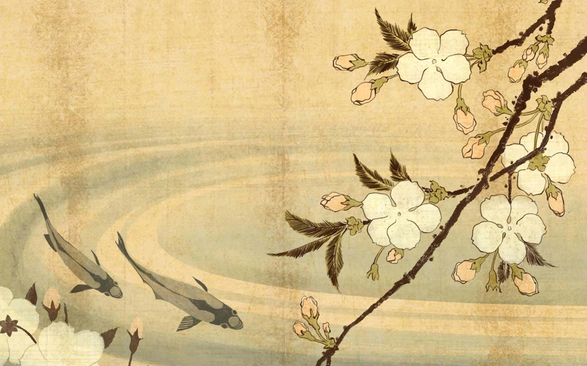 夜空中飄浮的中國燈籠 壁紙 — 優雅的錦鯉在盛開的櫻花枝下，於寧靜的傳統日本水墨畫中滑行。
