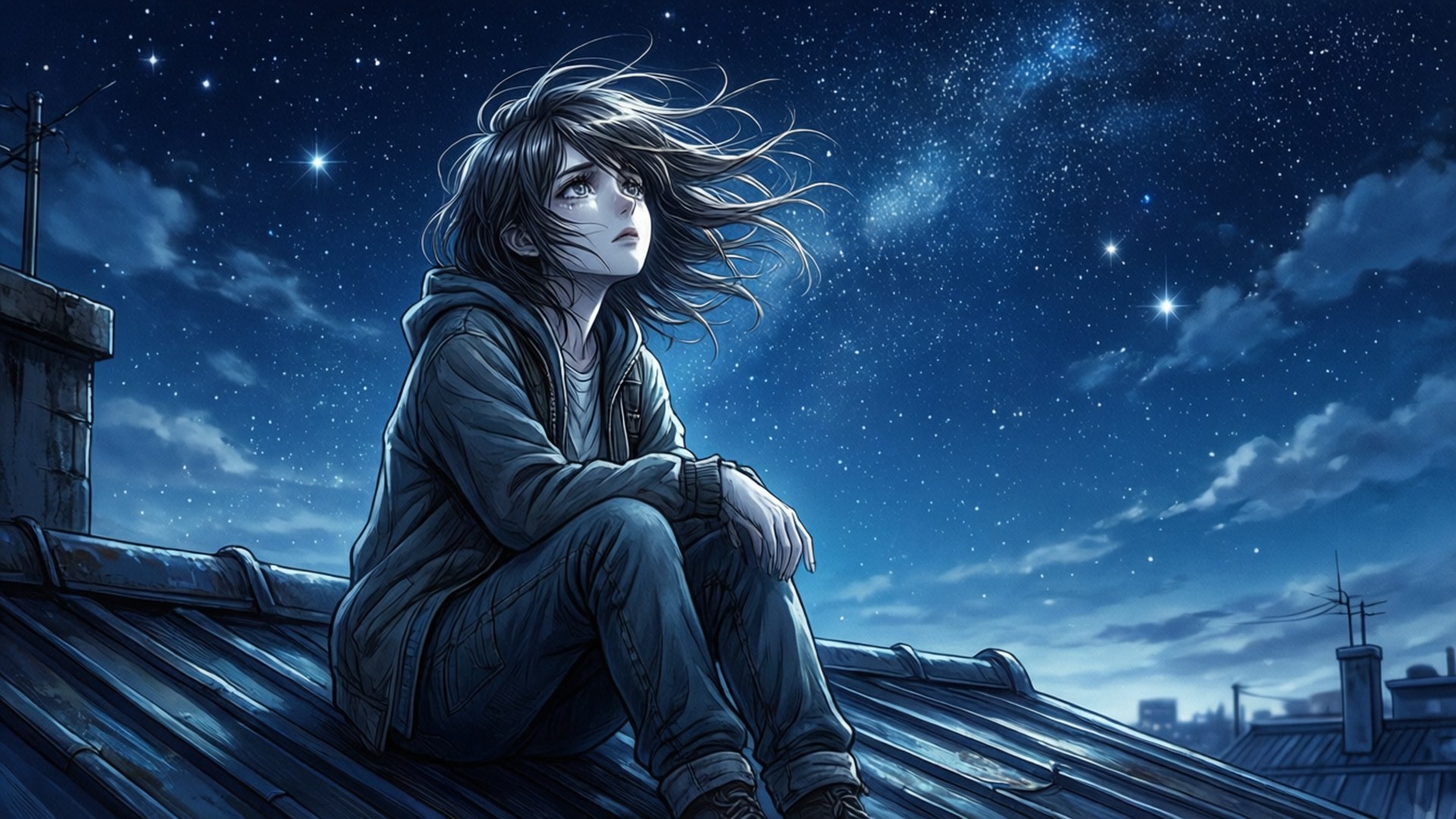 少年獨自坐在屋頂上凝視星空