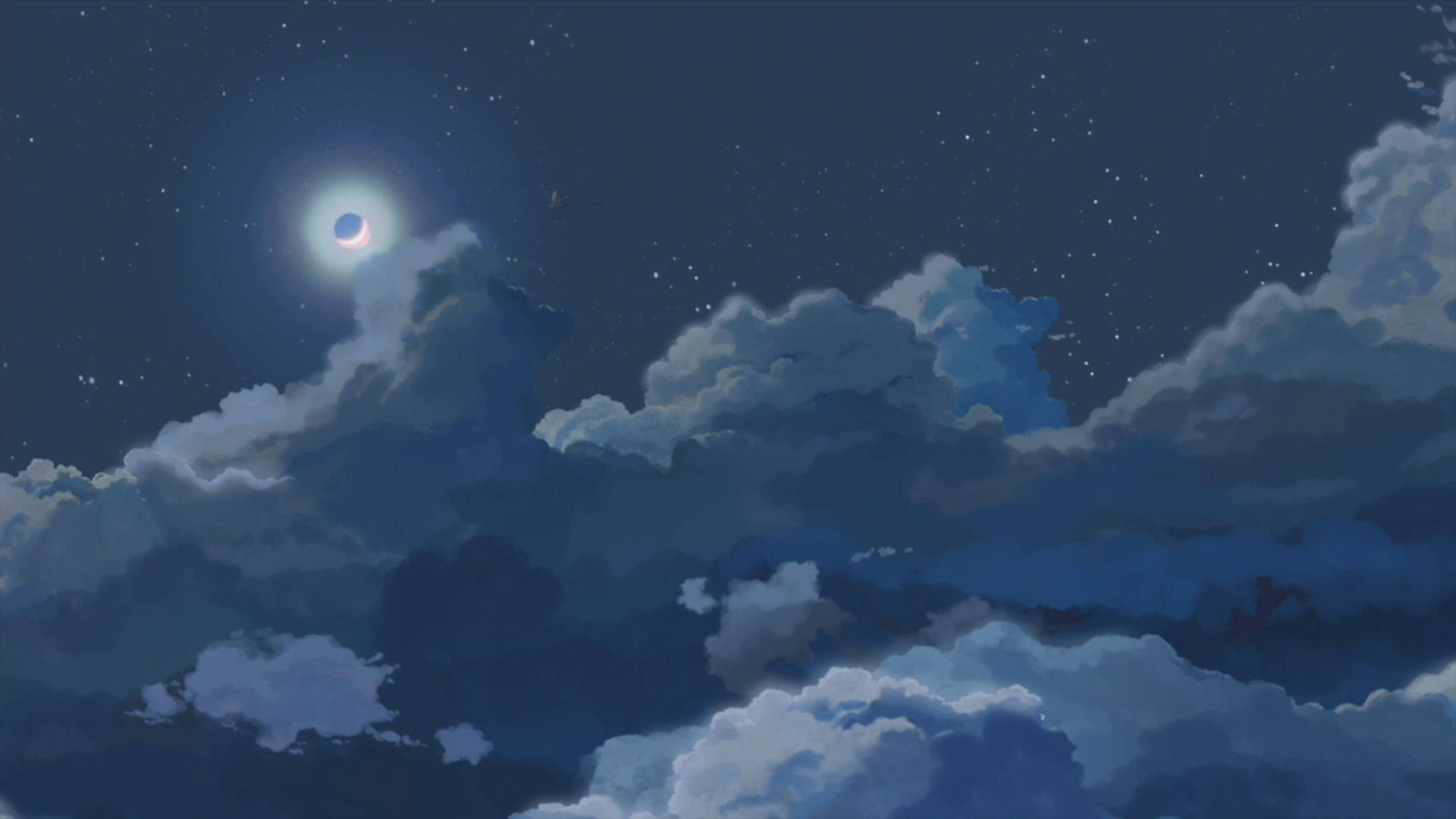 弦月在繁星點點的夜空雲層後發光。