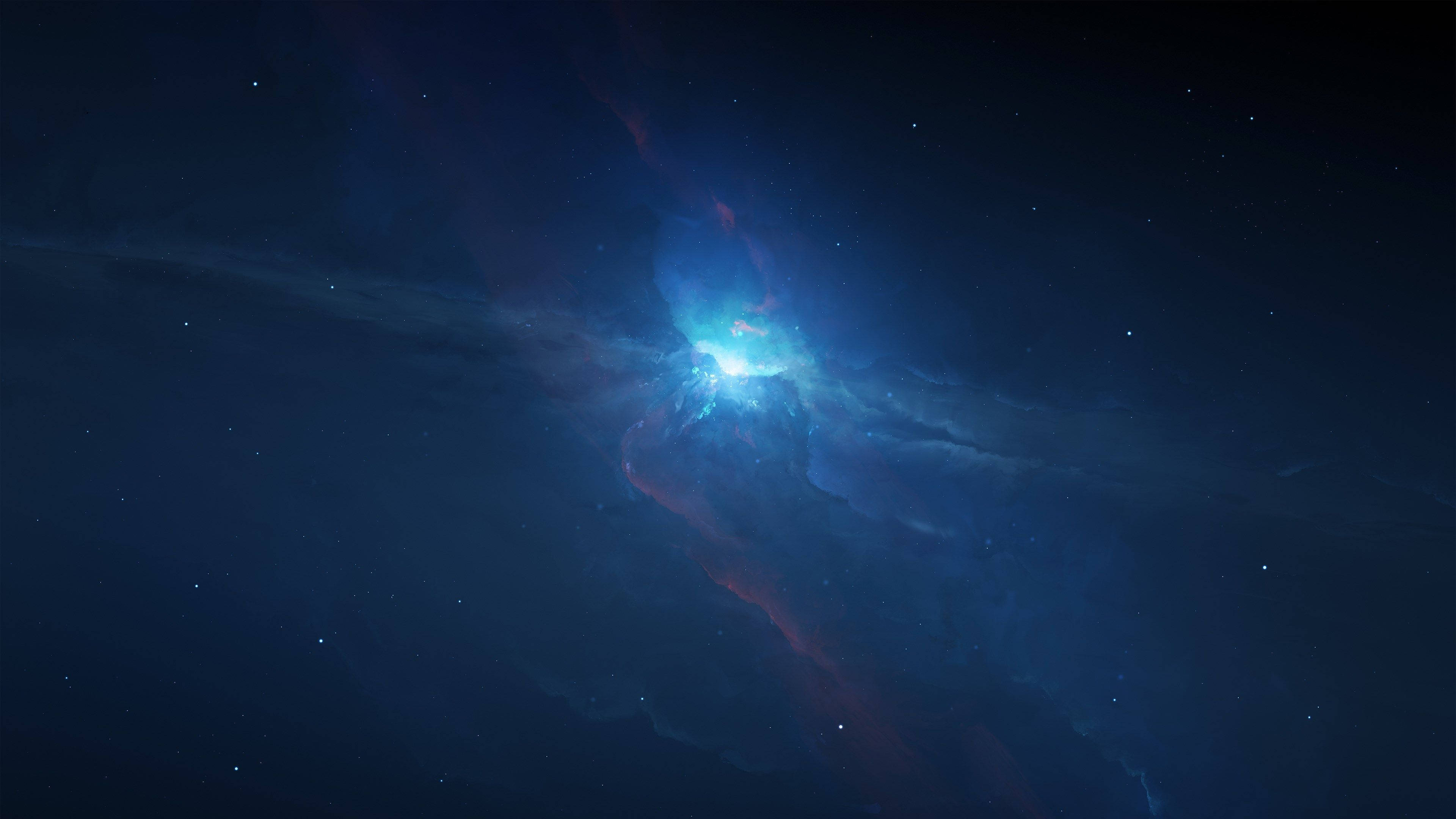 夜空微光 MacBook Pro 4K 壁紙 — 一團明亮的藍色星雲，伴隨著旋轉的宇宙塵埃和遙遠的星星，照亮了廣闊黑暗的太空。