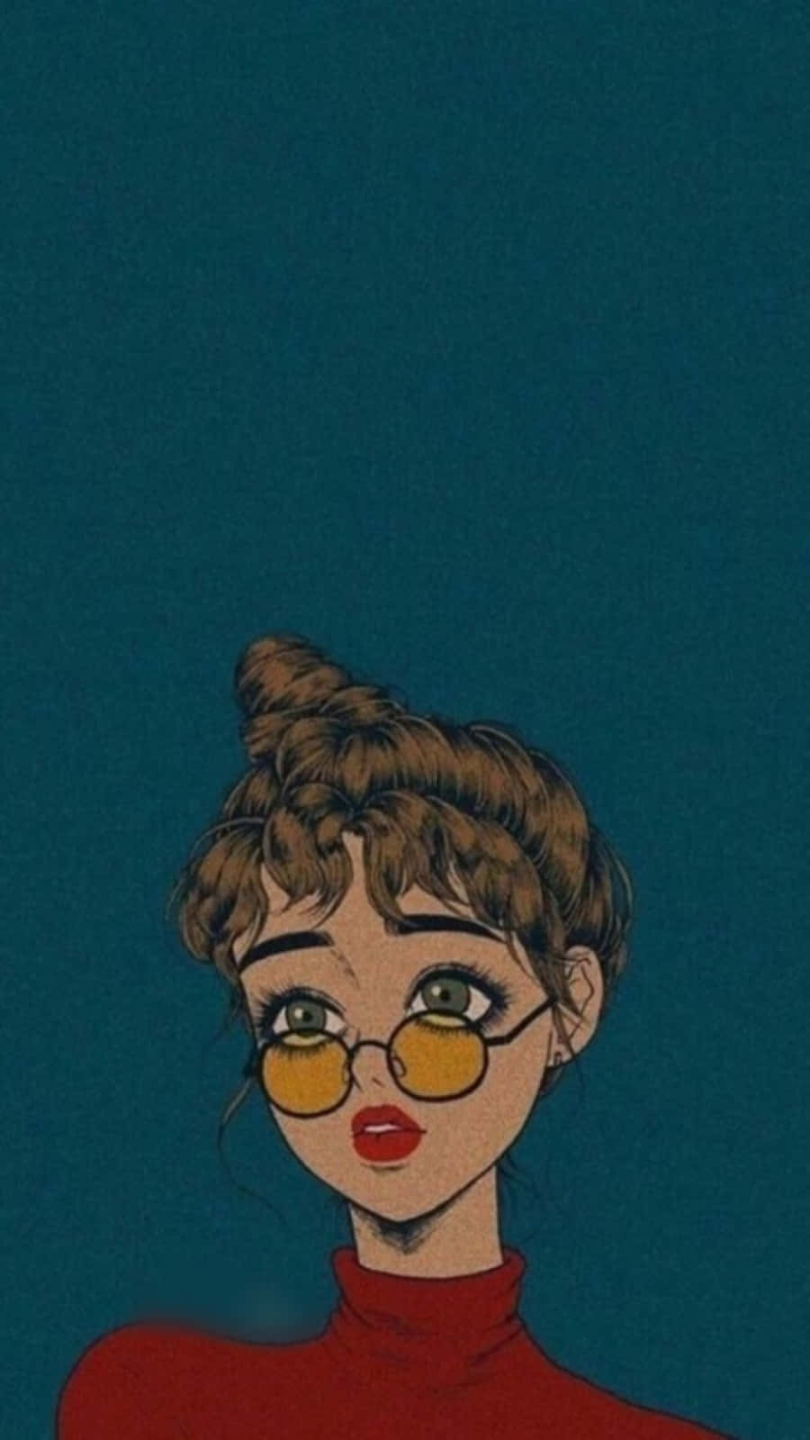夜空的審美畫作 壁紙 — 一個風格化的插圖，描繪一位年輕女性，捲髮盤成髮髻，戴著黃色眼鏡和紅色高領毛衣，背景為藍綠色。