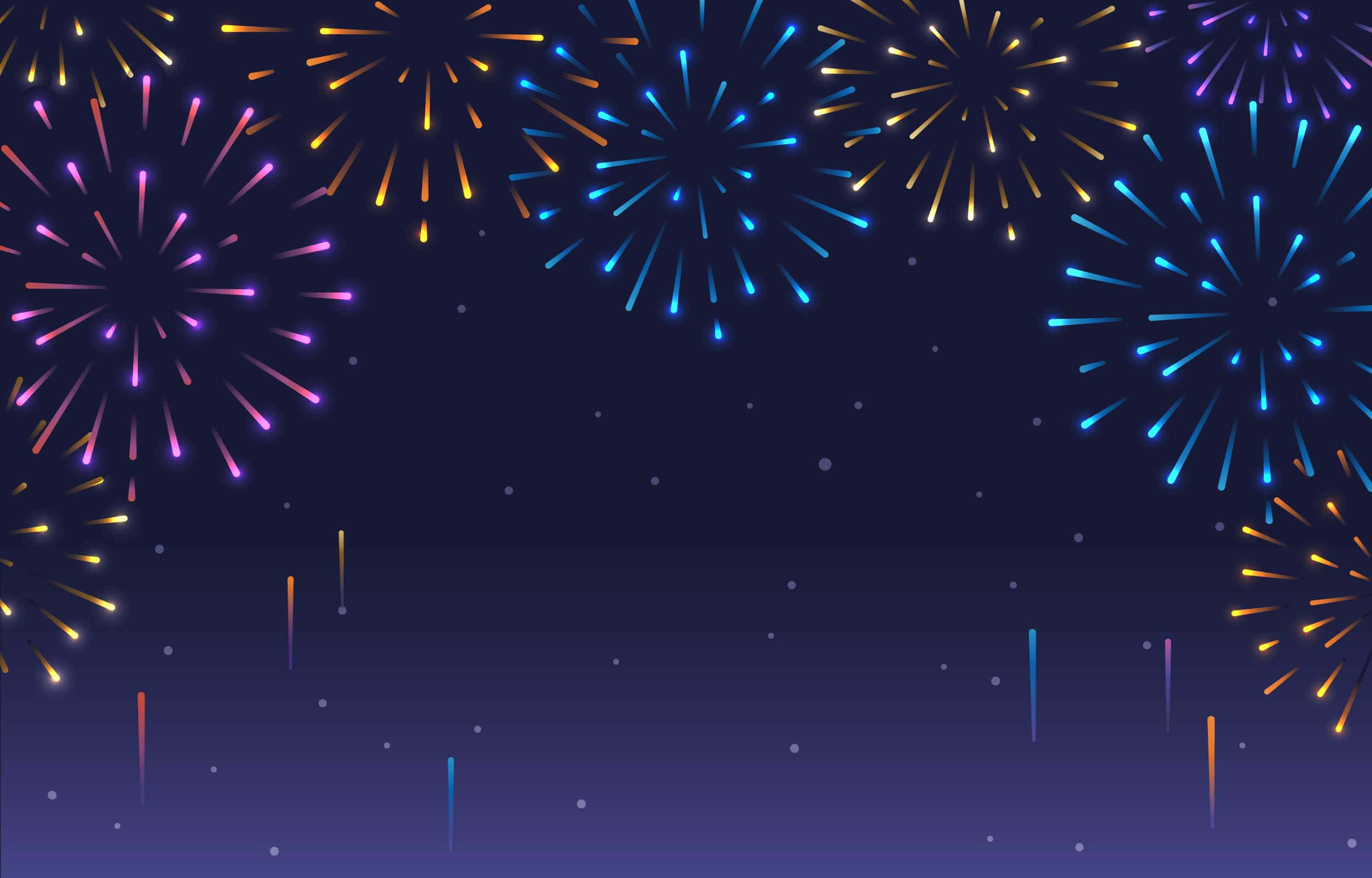 夜空盛開絢麗閃耀煙火的美麗 壁紙 — 藍色、紫色和金色的鮮豔煙火在漸變地平線上的黑暗夜空中綻放。