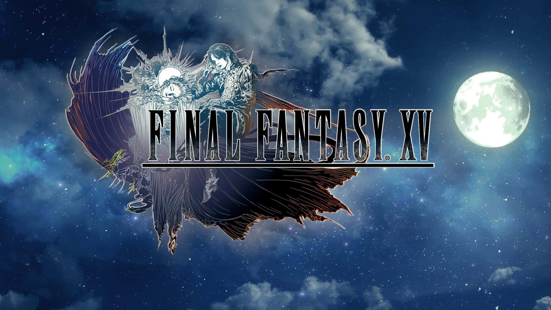 夜空遊戲 1080p 最終幻想XV 背景 壁紙 — 一個奇幻遊戲標誌，描繪一個有翼的人物在滿月星空下。