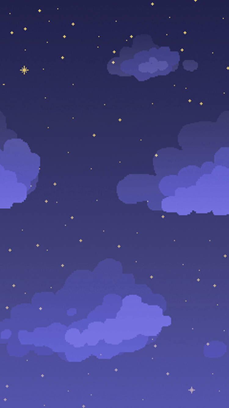 像素藝術夜空，帶有紫色雲朵和金色星星。