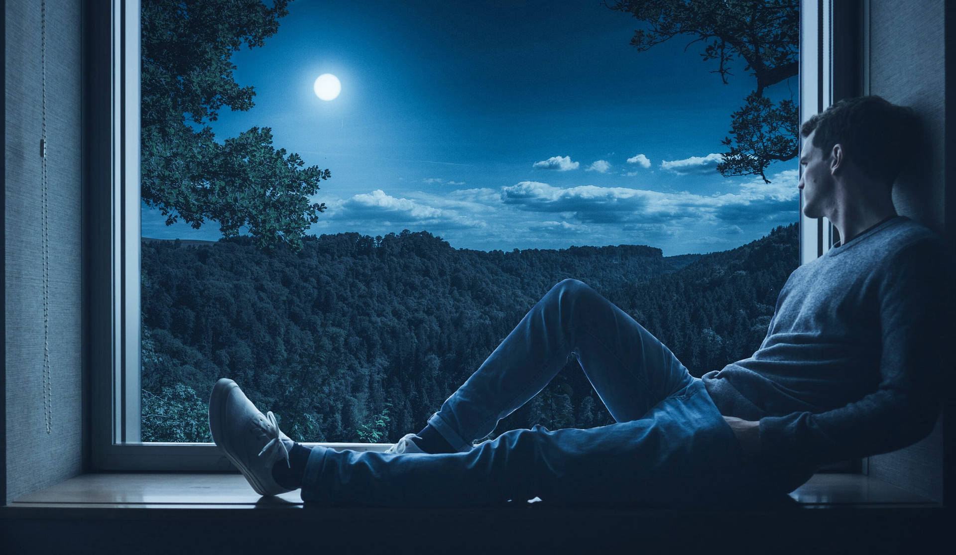 男人坐在窗台上，夜晚凝視著月光下的森林。