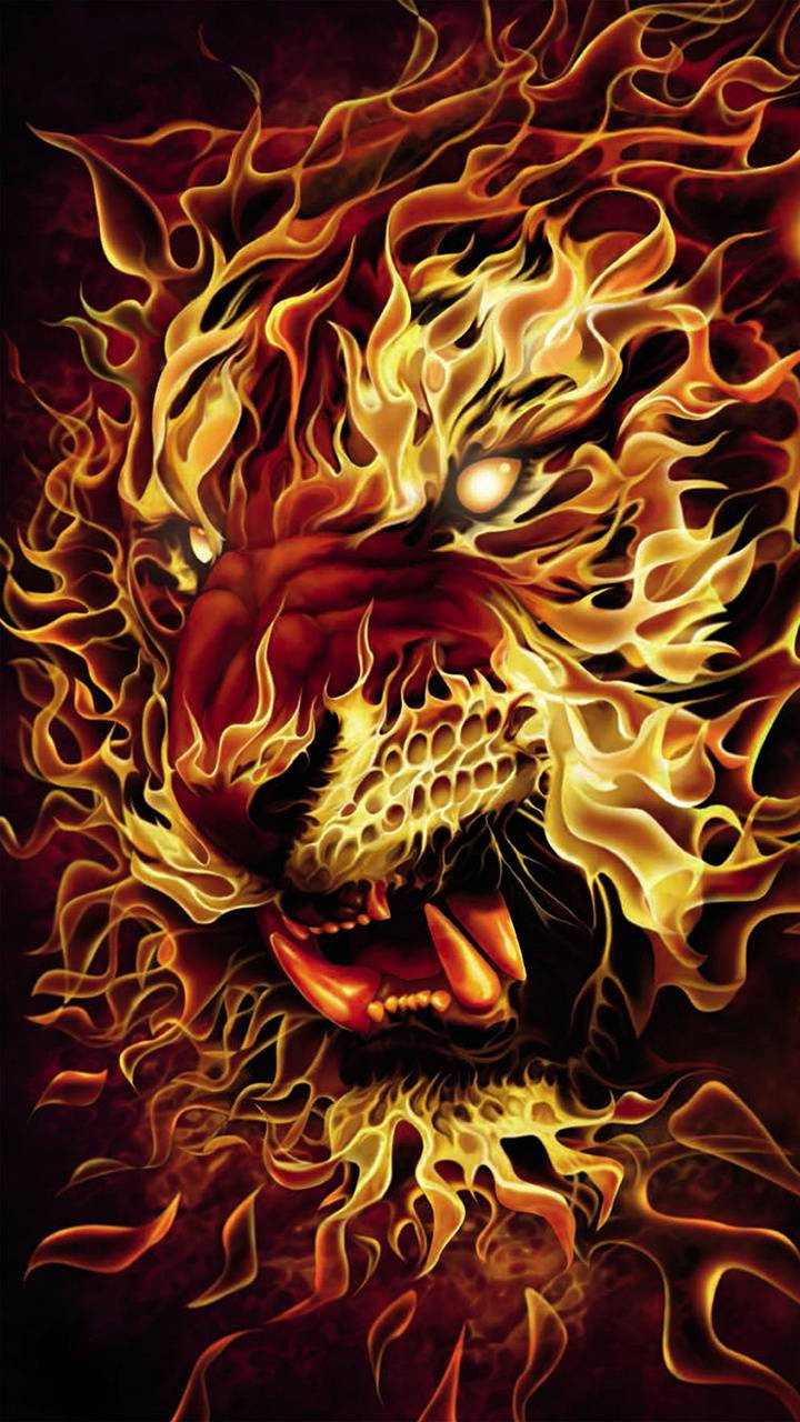 一頭帶有發光眼睛和咆哮火焰的火焰獅子。