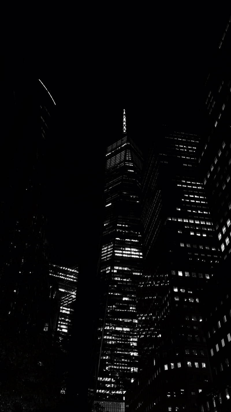 高聳的摩天大樓在夜間亮起，映襯著黑暗的天空。
