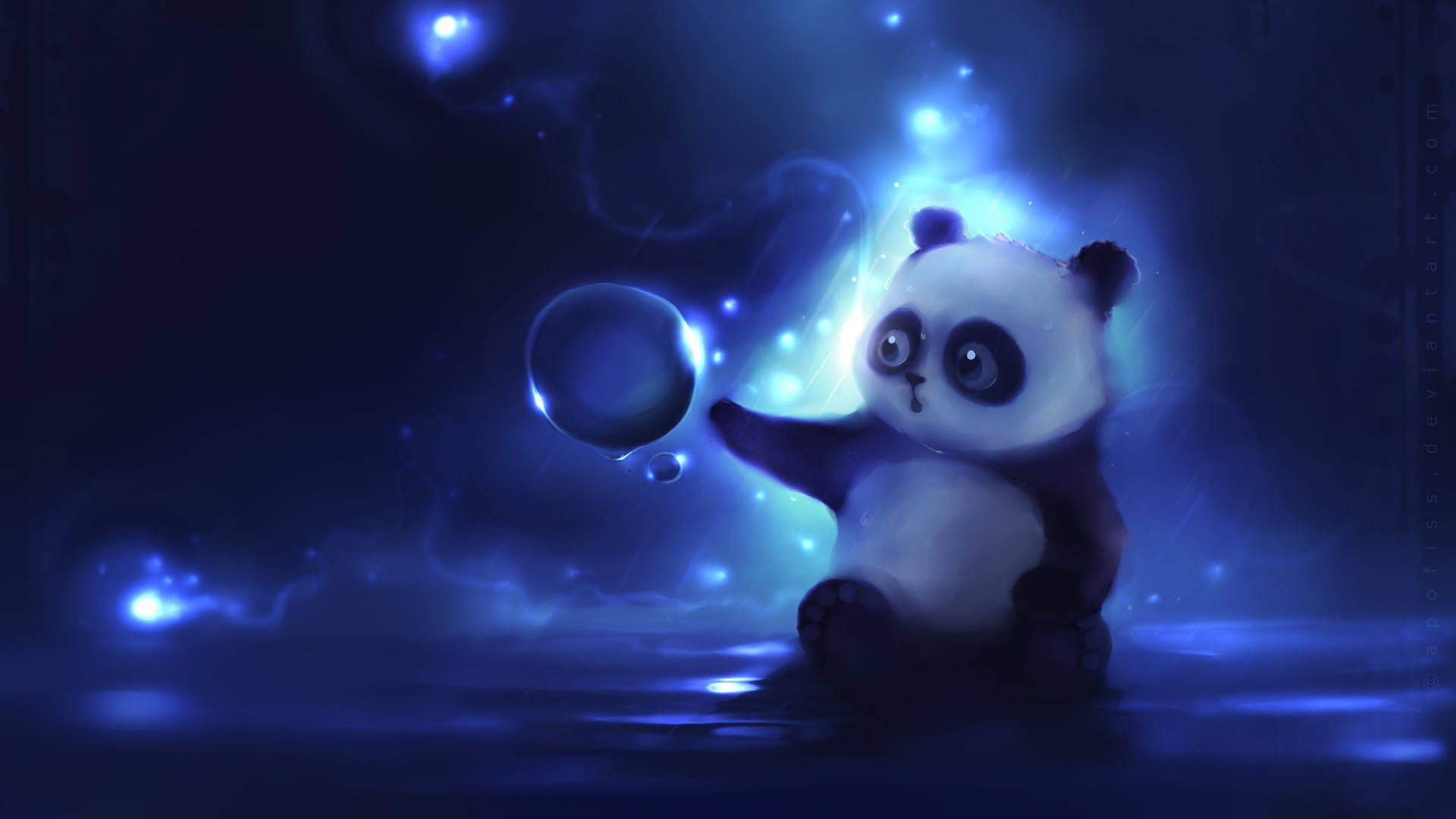 夜色中的可愛熊貓 壁紙 — 一隻可愛嘅熊貓BB坐喺發光嘅藍色虛空中，輕輕觸摸一個被漂浮燈光包圍嘅閃爍氣泡。