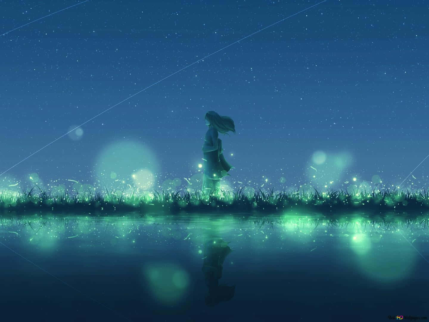 女孩夜晚站在發光的草地上，水面倒映著星空