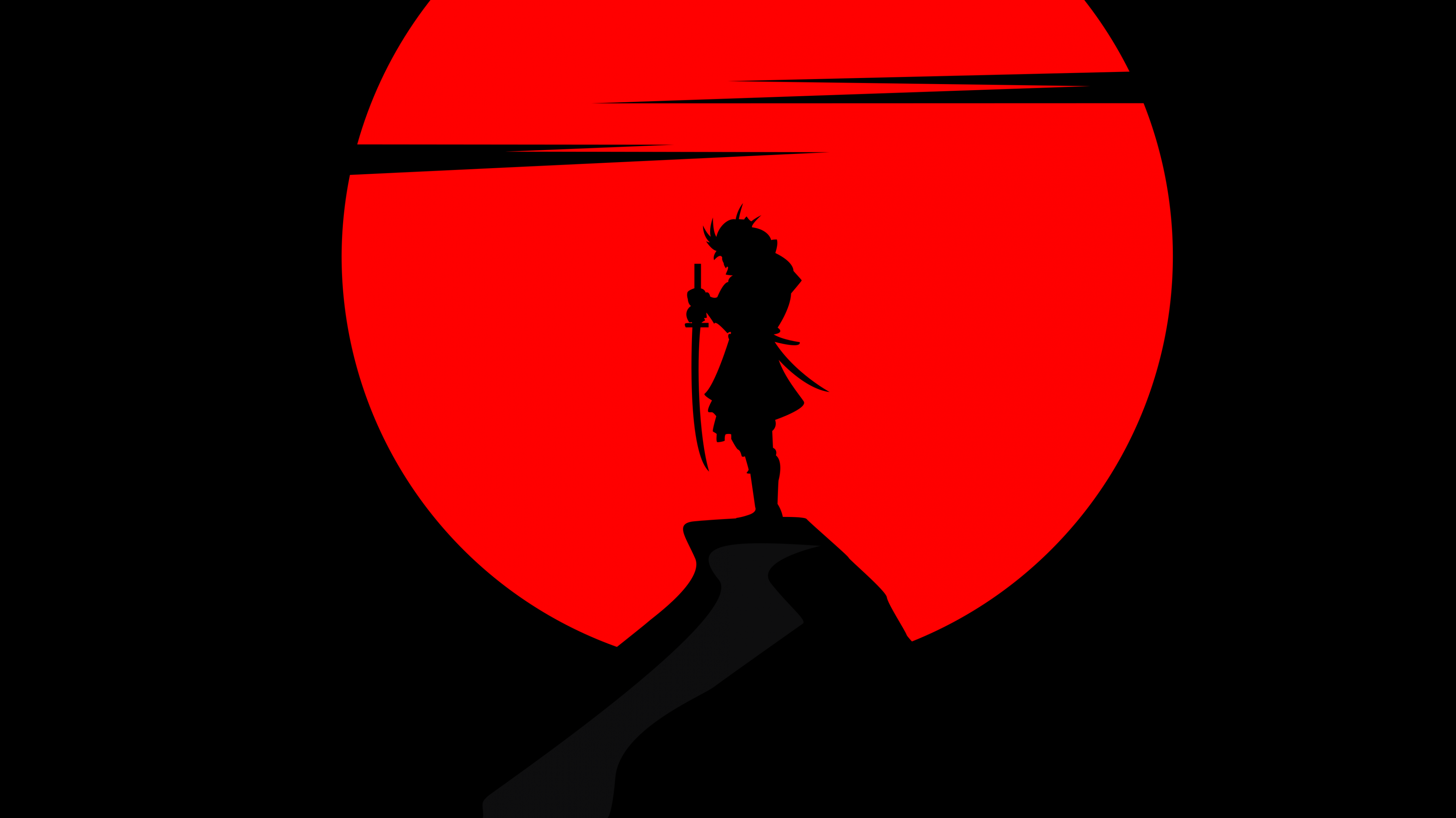 夜色中的武士 壁紙 — 一個孤獨的武士剪影站在岩石山峰上，手持劍，面對巨大的紅色太陽。